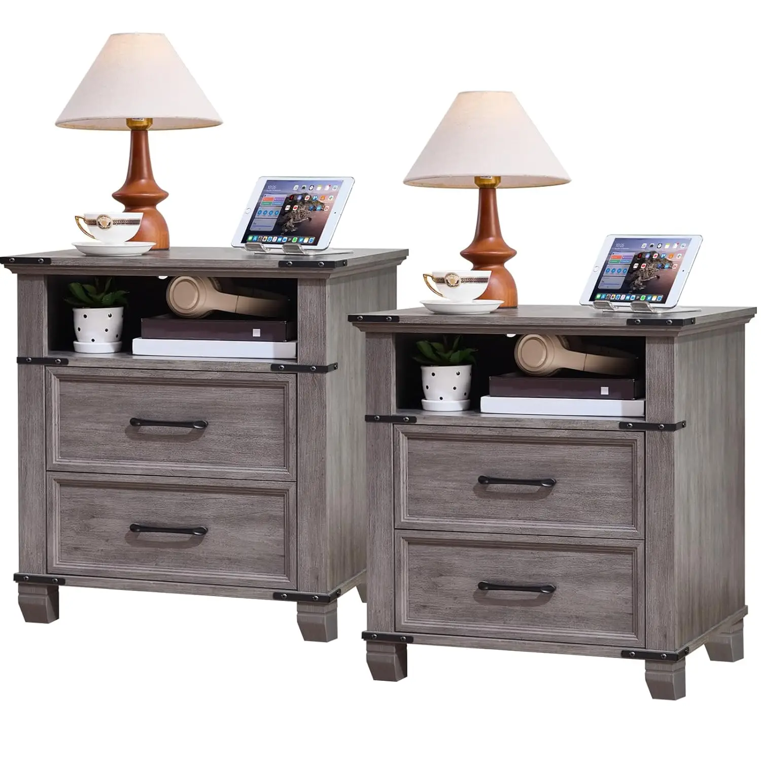 

22" Nightstand, 2PCS Farmhouse Nightstand with 2 Drawers,Industrial Bedside Table with Open Shelf for Bedroom, Customized