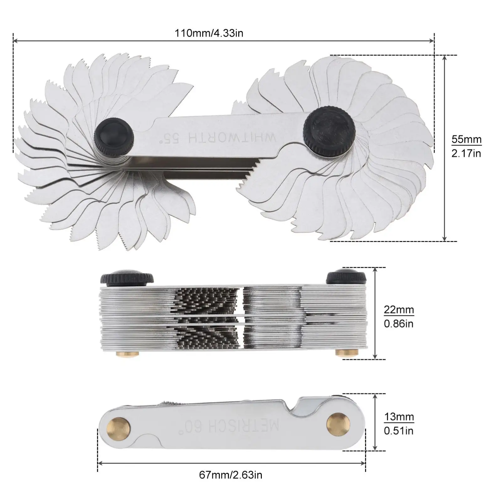 Imagem -02 - Medidor de Parafuso Métrico e Imperial 55 Graus 60 Graus us 60 Graus Thread Pitch Gauge Ferramenta de Medição 58 Pcs