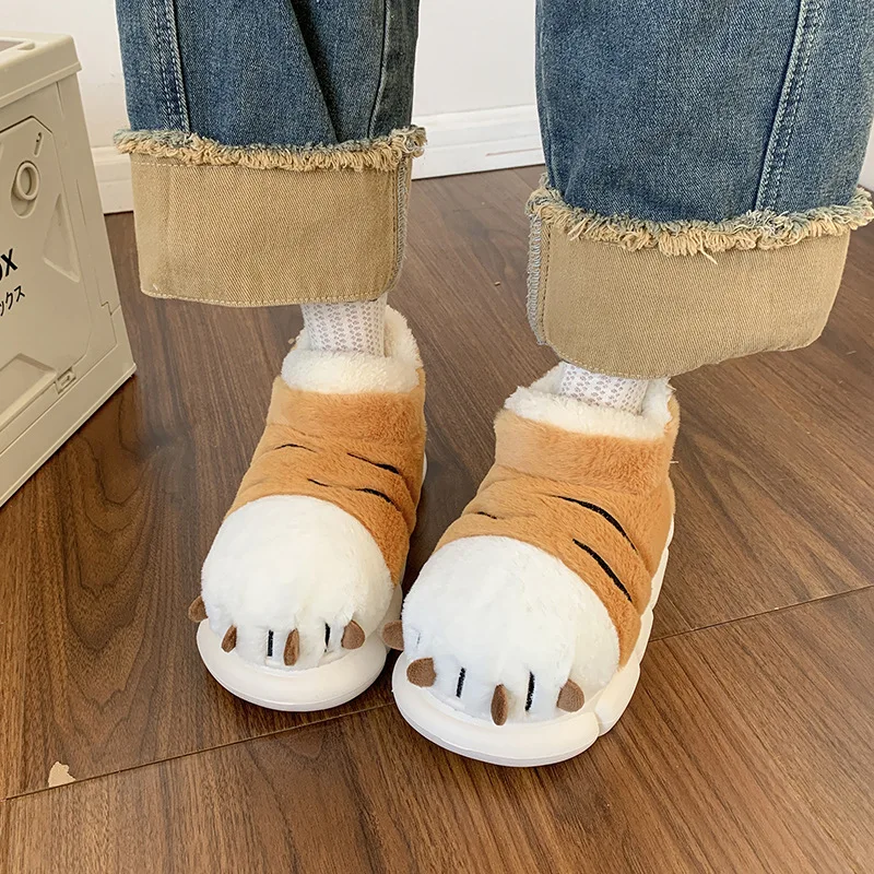 Cute Cartoon Fluffy Slippers For Women Men Winter Warm Shoes Indoor Home Floor Style Soft Plush Tiger Paw Couples Cotton Slipper
