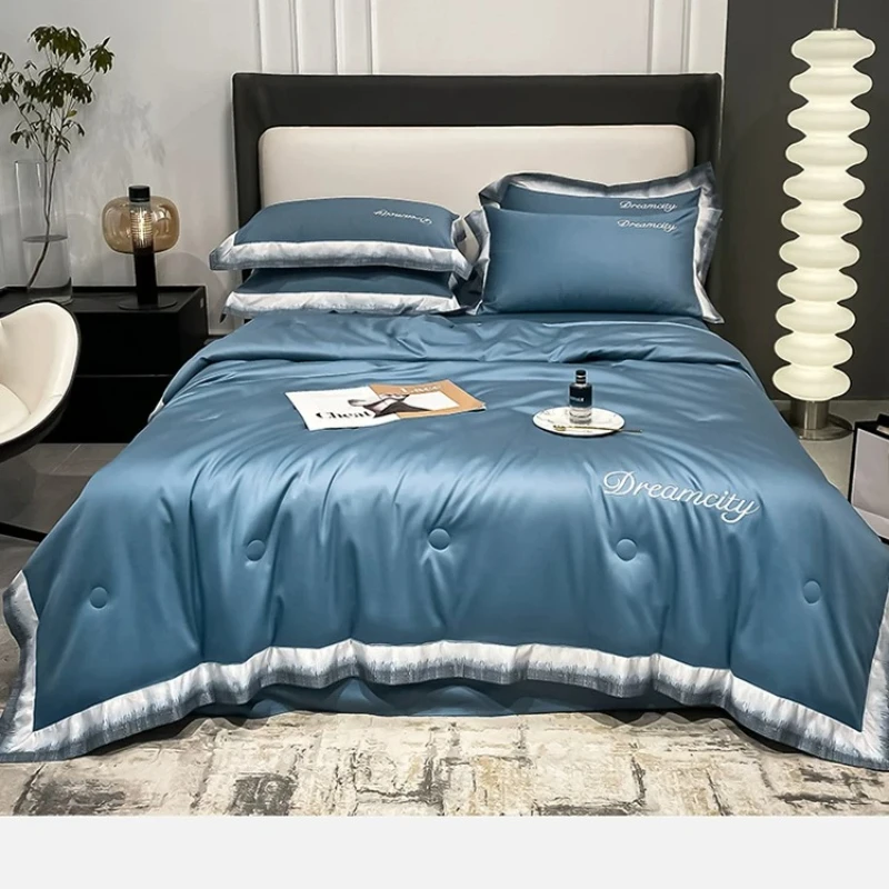 Ice Silk Summer Quilt Set, Machine Washable Air Conditioning Blanket for Double Bed, Skin-Friendly Breathable Cool Comforter