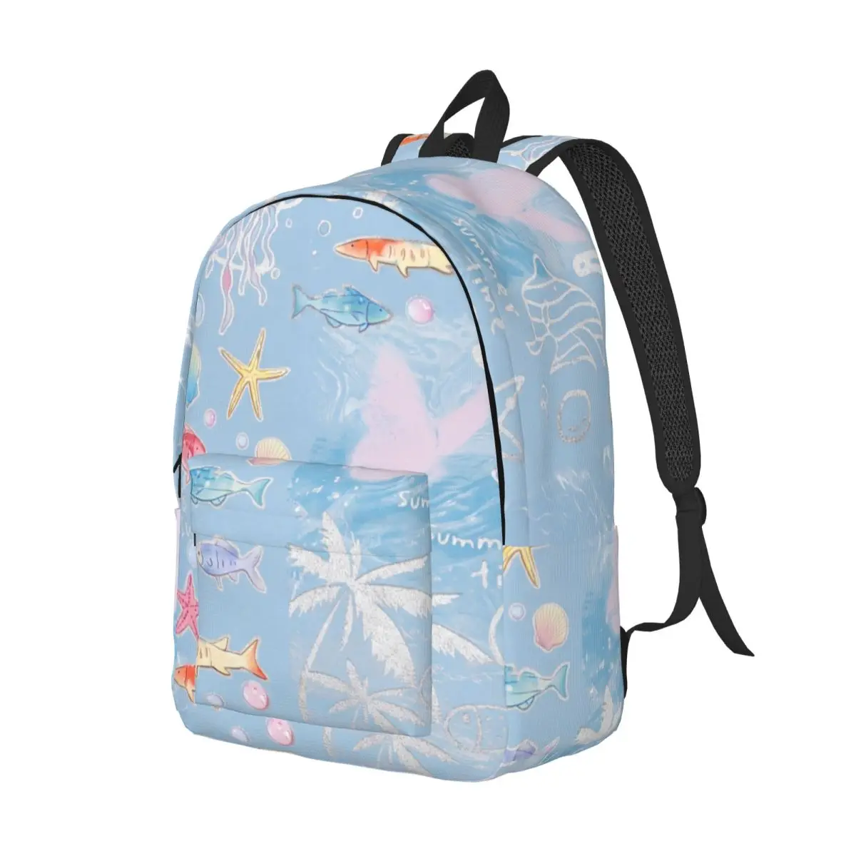 Sky Cloud Print Backpack Tossed Marine Life Whimsical Summer Light Blue Shimmering Silver White Lightweight Daypack for School