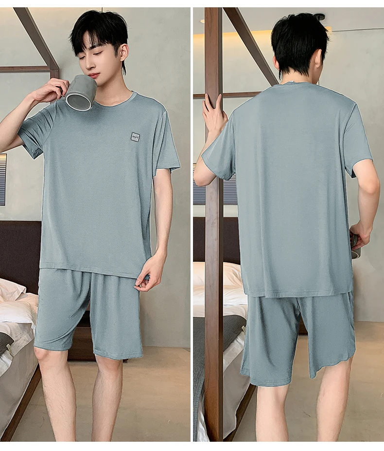 Sommerliches neues Herren-Pyjama-Set, kurzärmeliges Homewear-Set für Herren, einfarbig, lässiges Pyjama-Set für Teenager und Studenten. – Detail 15