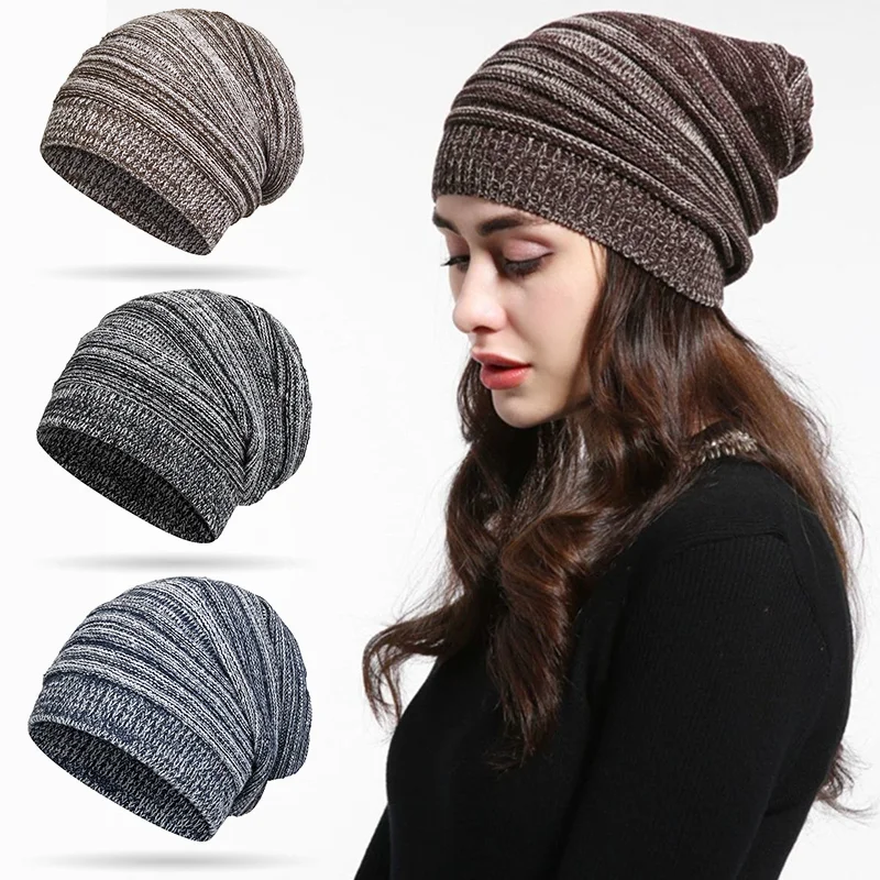 Winter Unisex Mixed Color Cotton Striped Hat High-quality Knit Wool Baggy Beanie Hats Winter Outdoor Windproof Warm Elastic Hat image 2