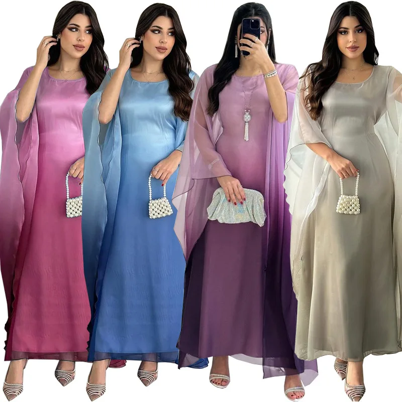

Eid Ramadan Djellaba Shiny Satin Batwing Sleeve Abaya Dubai Muslim Dress for Elegant Women Kaftan Islam Robe Turkey Caftan Arab