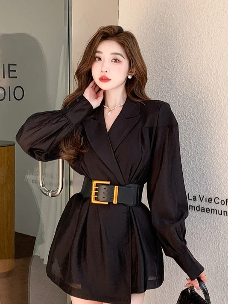 Woherb Temperament Robe Femme Turn Down Collar Belt Woman Dress Slim Waist A-line Vintage Vestido 2024 Korean Chic Solid Dresses