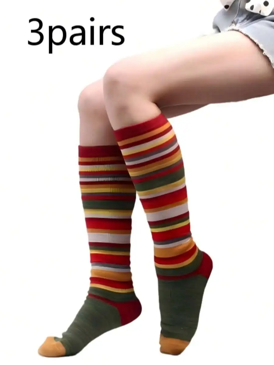 

3 Pairs Colorful Over-The-Knee Socks Women Casual Rainbow Striped Knee High Socks