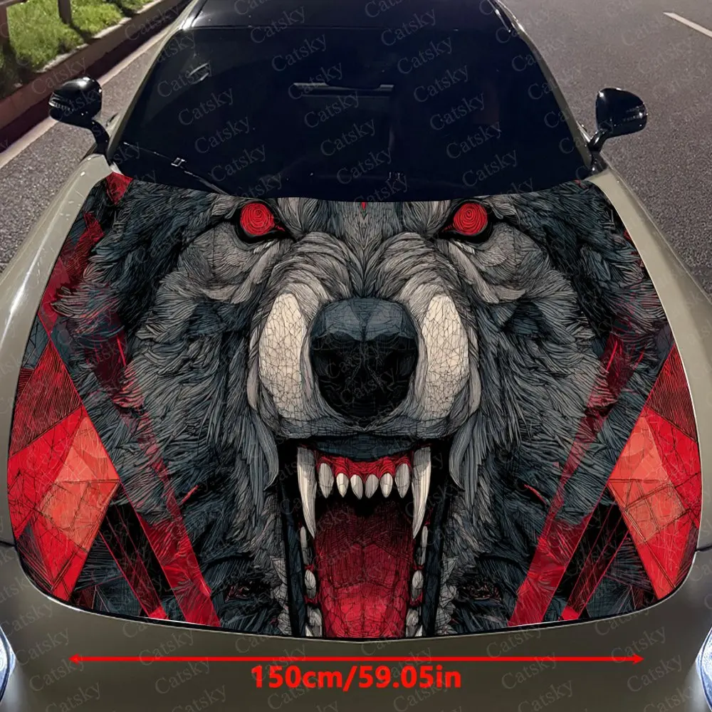 Dynamic Red Angry Wolf Auto Cover Sticker, Waterproof and Self-adhesive Auto Hood Decal, Auto Vinyl Wraps, Cool Car Exterior Dec