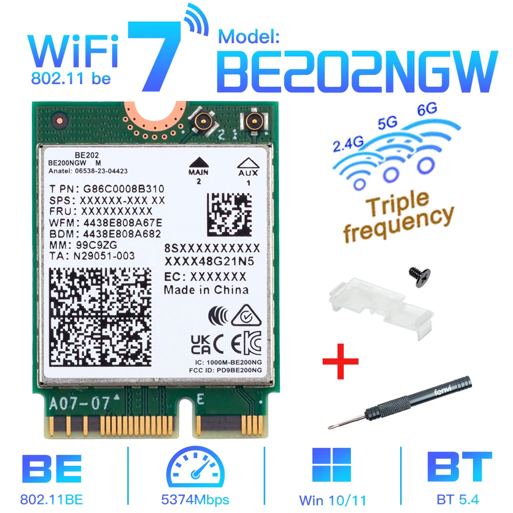 

Fenvi для сетевой карты Intel BE202 M.2 WiFi 7 Bluetooth 5,4 2,4G/5G/6 ГГц BE202NGW Беспроводной адаптер Wi-Fi7 лучше, чем Wi-Fi 6E