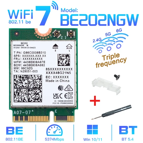 Imagen 1 del producto Tarjeta de Red Fenvi para Intel BE202 M.2, WiFi 7, Bluetooth 5.4, 2.4G/5G/6GHz, Adaptador Inalámbrico Wifi7 BE202NGW, Mejor que WiFi 6E