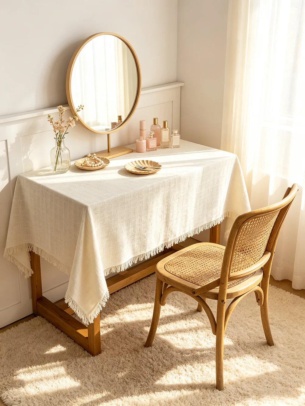 1Pcs Rectangular Table Cover | Fringe Edge | Reusable Decorative | Household Daily Use | Desk Vanity Table | Cottage Style