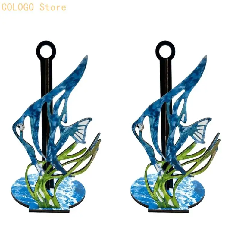Paper Towel Holder with Wooden Fish and Seaweed Design, Freestanding Tabletop Roll Stand for Kitchen Counter and Dining Table