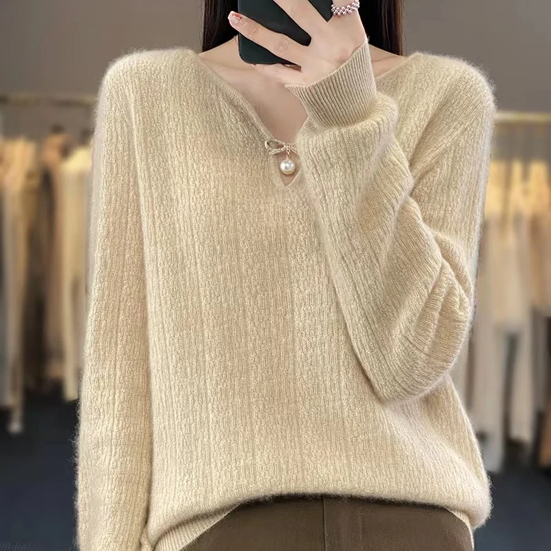 100% Wool Woman\'s Sweater Autumn Winter Jumper Fashion V-Neck Female Pullover Long Sleeve Blouse Loose Large Size Tops Knitted