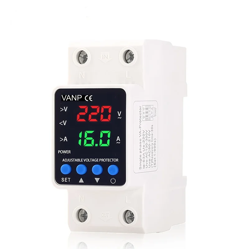 Din Rail Adjustable Over Voltage Under Voltage Protection Device 2P/3P 40A 63A 220VAC Digital Display Voltage Protector