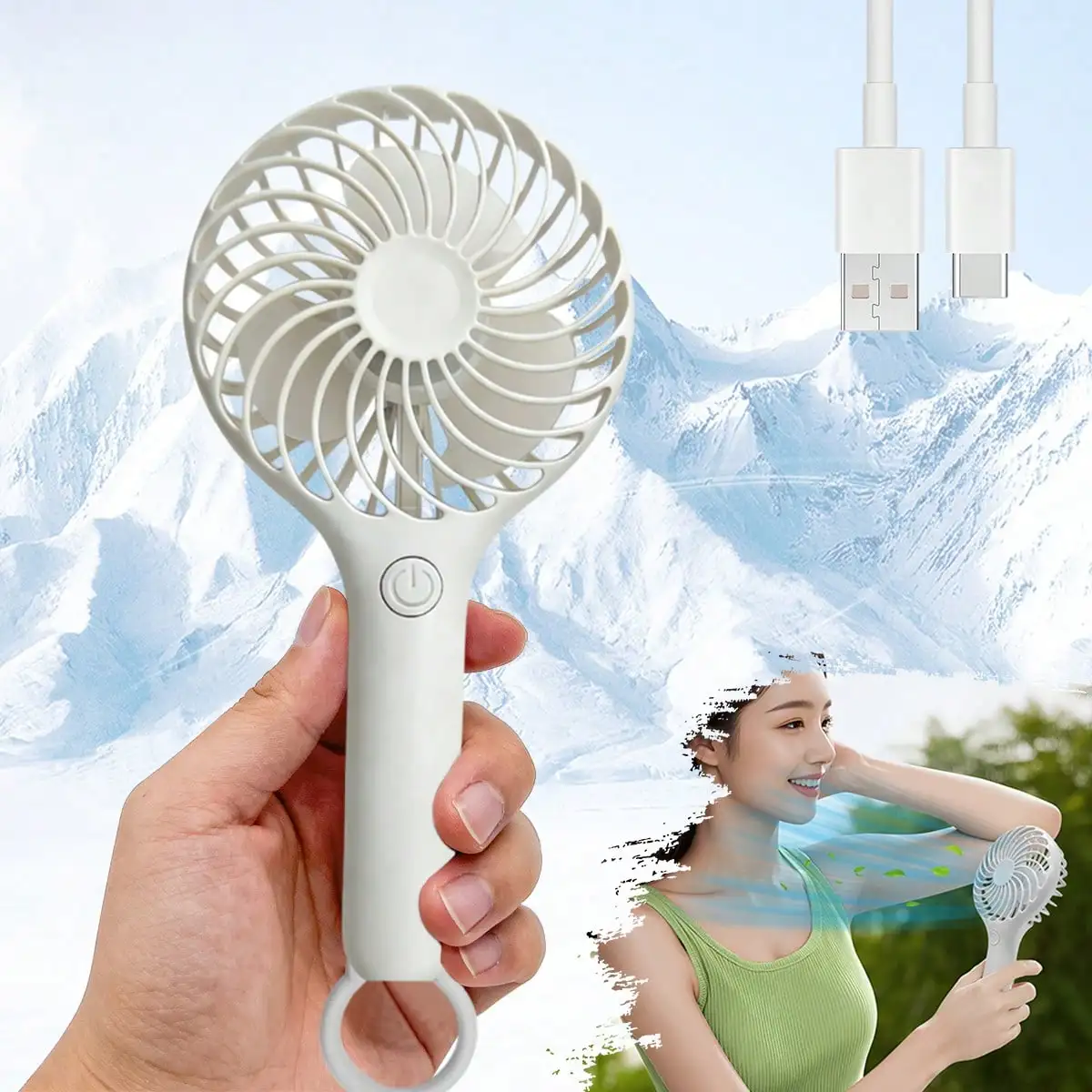 1 mini ventilador portátil, ventilador de mano ligero con cuerda para colgar, ideal para oficina, exteriores, viajes y camping