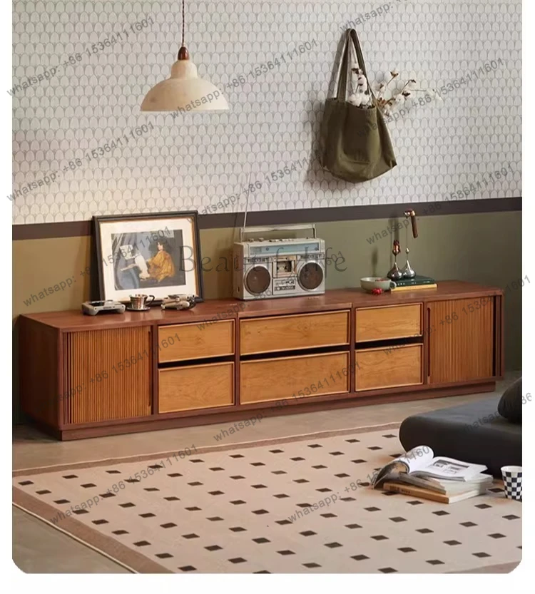 

Retro streamer cherry wood TV cabinet household solid wood small apartment floor-to-ceiling audio-visual cabinet