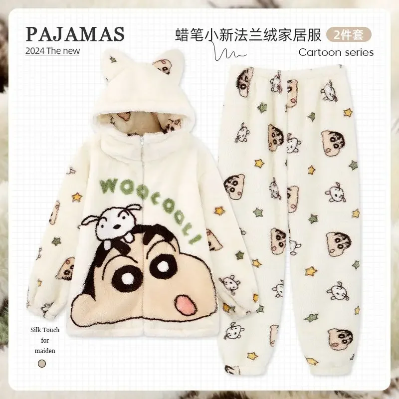 Cartoon Anime Crayon Shin chan plush Pajamas Men and Women Couple Home Clothes Girls' autumn and winter velvet warm suit