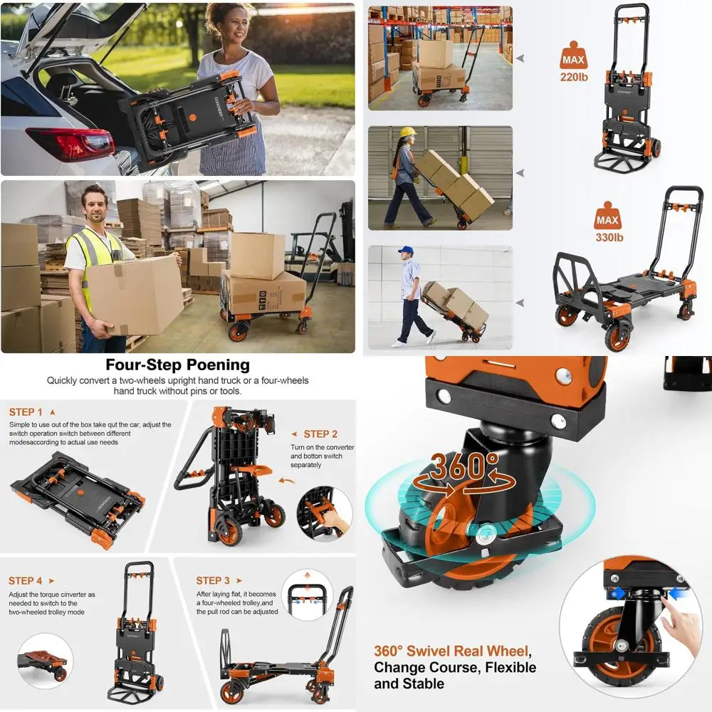 

Portable Folding Hand Truck with 330lb Capacity, Retractable Handle, and Rubber Wheels for Moving, Travel, and Office Use (Orang