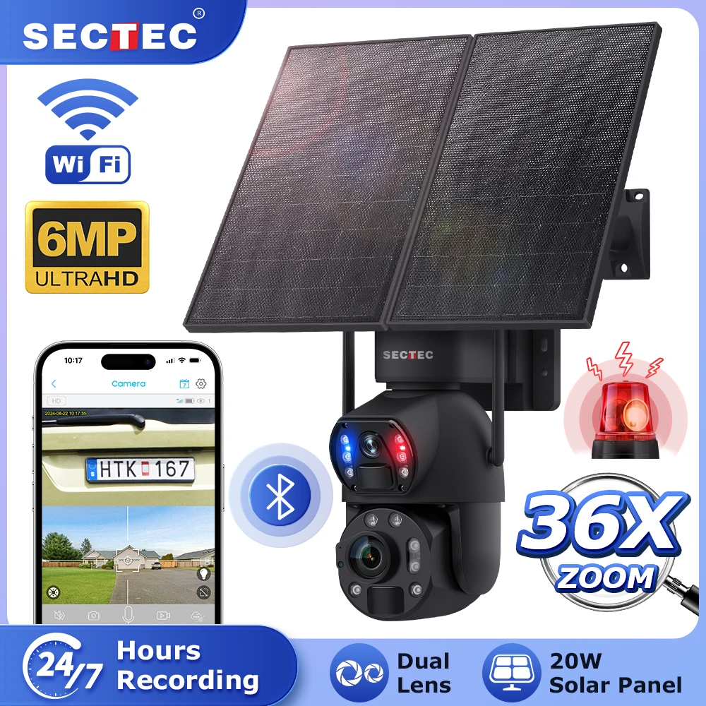 SECTEC 6MP Big 36X Zoom Lens Dual View Solar Battery PTZ Camera Solar Cameras Wifi Outdoor CCTV Security Camera Night Vision