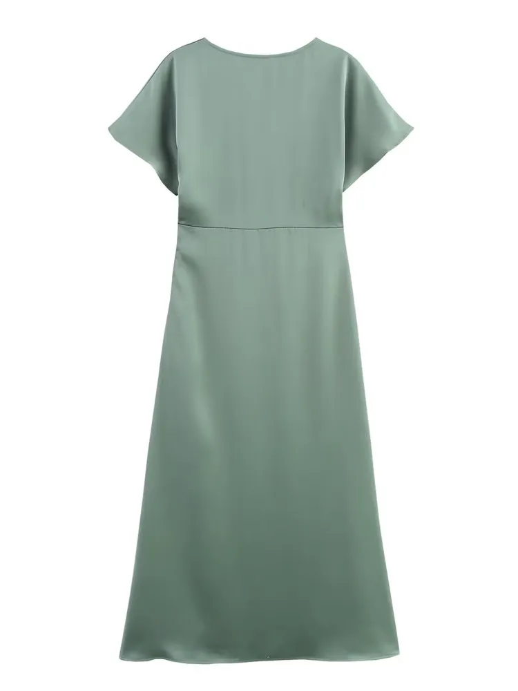 เดรสผ้าไหมซาตินทรงเข้ารูป คอวี แขนสั้น ดีไซน์จีบระบาย สไตล์ลำลอง สำหรับผู้หญิง ฤดูใบไม้ผลิ/ฤดูร้อน