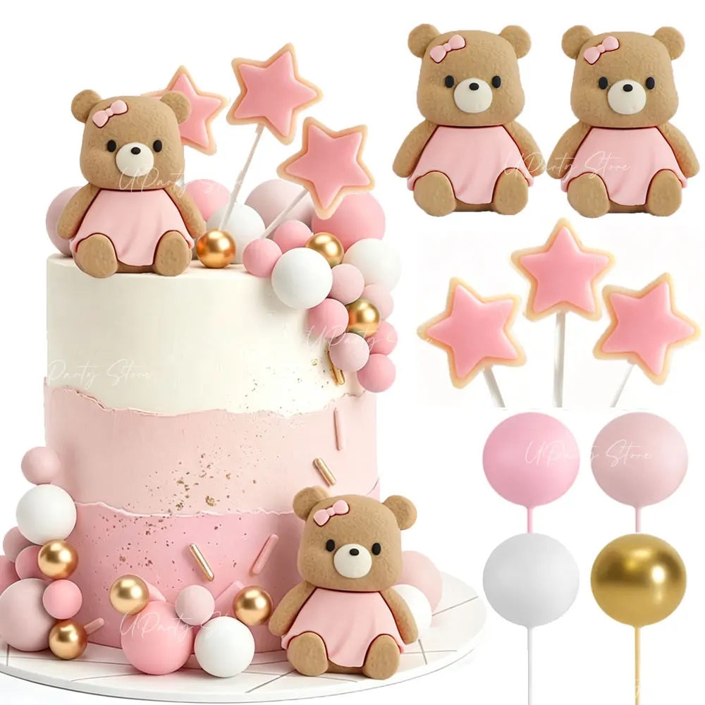 35pcs Star Bears Cake Stand Blush Pink White Gold Ball 3D Bear Cake Topper for 1st Birthday Baby Shower Gender Reveal Cake Decor