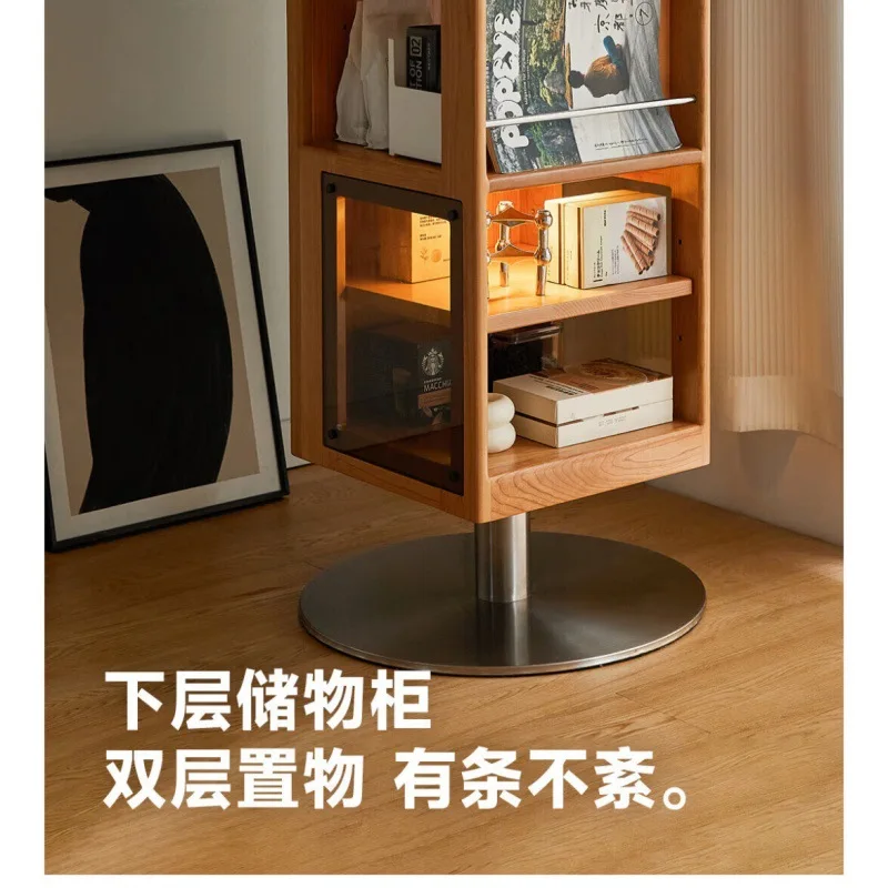 Solid wood full body mirror rotating full-length mirror retro storage shelf bookcase, entrance cabinet rotating bookshelf floor