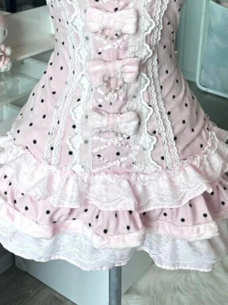 فستان نسائي وردي بدون أكمام بنقاط كاواي حلوة كورية خرافية Y2k بخصر نحيف تونك فيستدوس أنيق لطيف بفيونكة فساتين رسن للنساء
