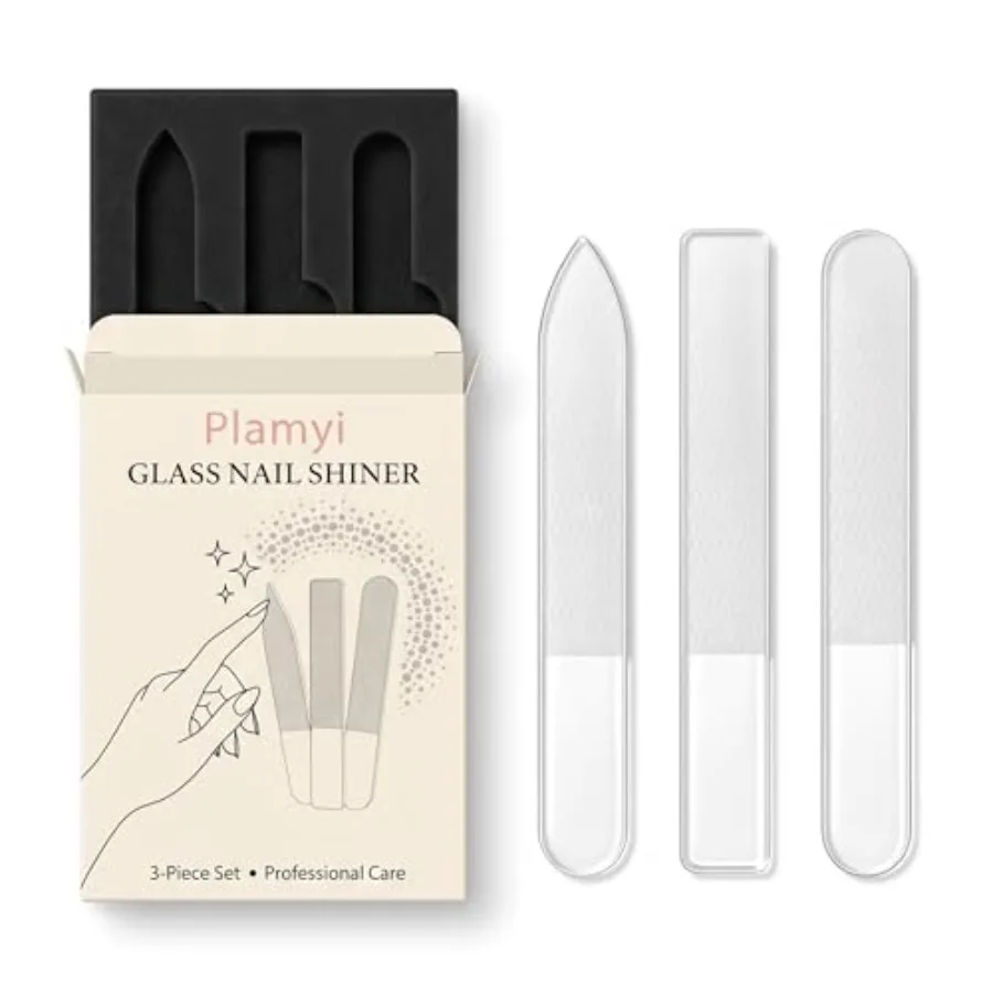 3-Piece Glass Nail File and Shiner Set Nano Glass Buffers for Natural Nails with Pointed, Flat, and Round Tips, Includes EVA St