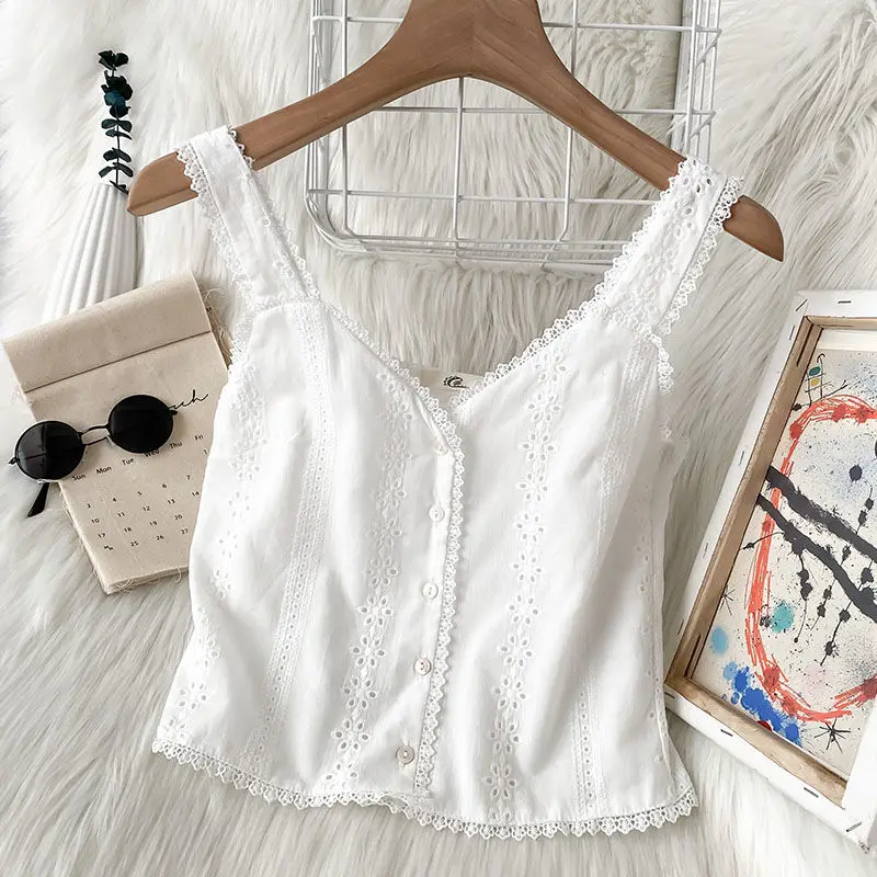 

Women Cotton White Lace Vest Top Summer 2022 Japan Korean Student Casual Simple Cozy Joker Solid Tank Tops Lady Casual Clothing