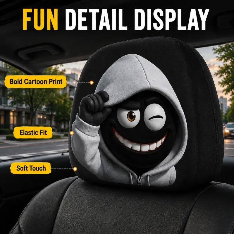 Funny Car Headrest Covers 1 Pair, Winking Hoodie Cartoon Print, Auto Seat Headrest Decor, Easy Install