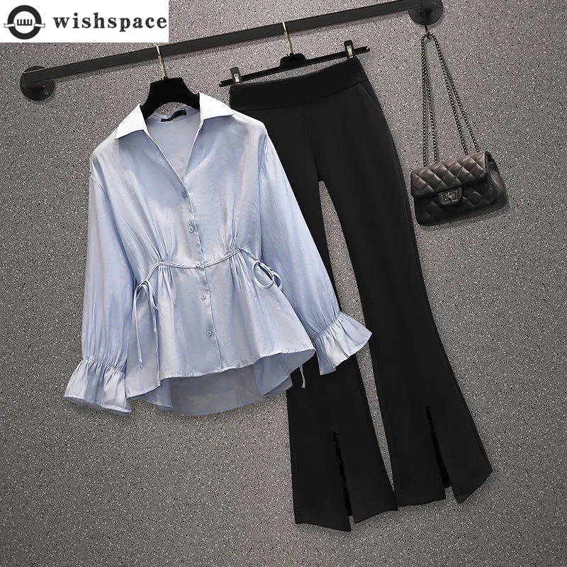 

2022 New Spring and Autumn Season Fat Sister Large Size Fashion Slim Down Shirt Flare Pants Two Piece Elegant Women's Suit