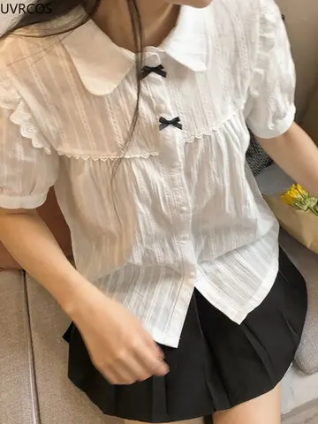 Kawaii Vit Lolita Spetsblus Dam Gotisk Preppy Stil Vintage Peter Pan Krage Kortärmad Skjorta Flicka Sommar Söt Topp Mujer 12 best sales vit lolitablus - №2