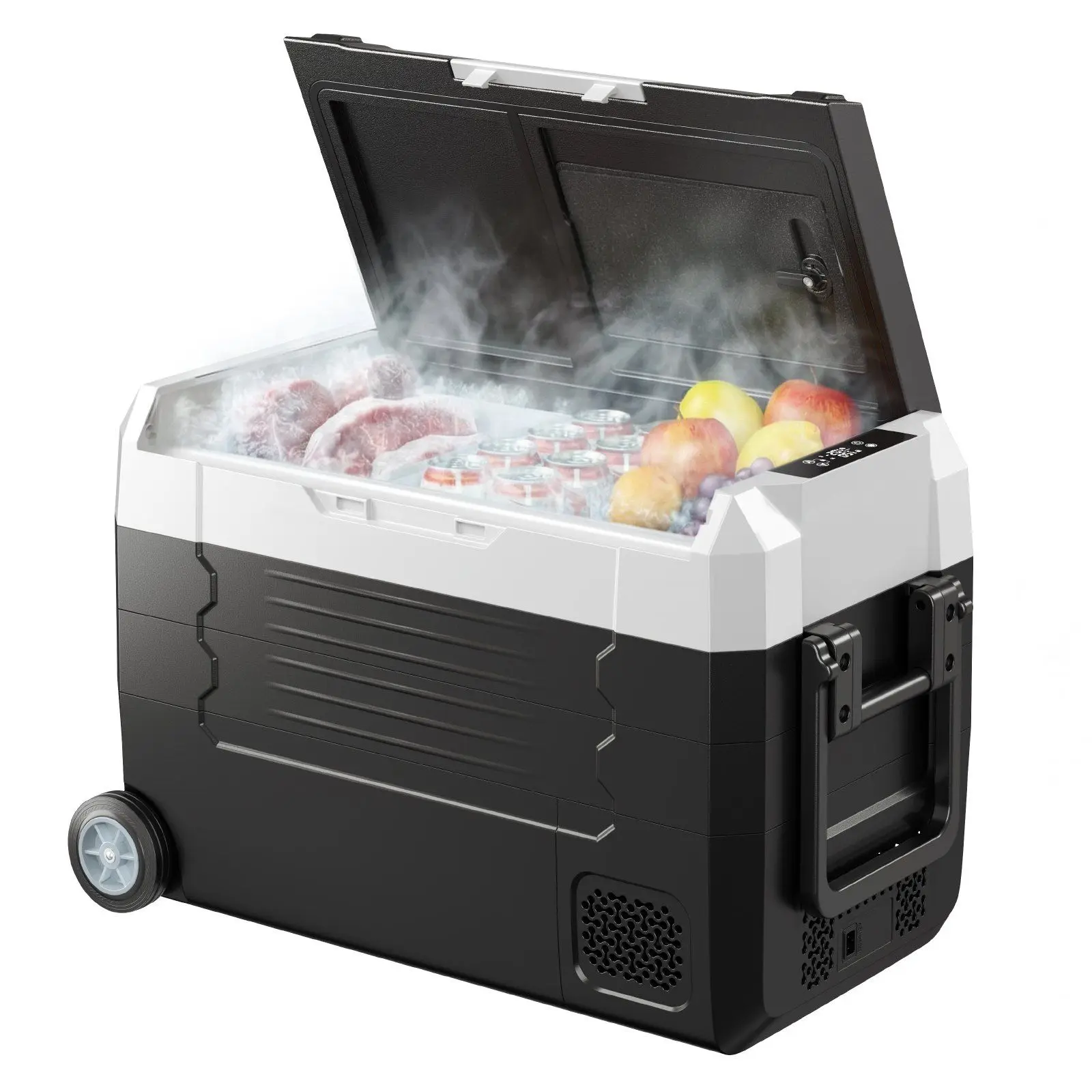 

Автомобильный холодильник, компрессорный, 12/24В DC, 100-240В AC, электрический охладитель, -4°C ° F до 68 ° Рефрижератор для грузовиков с управлением через приложение, на колесах