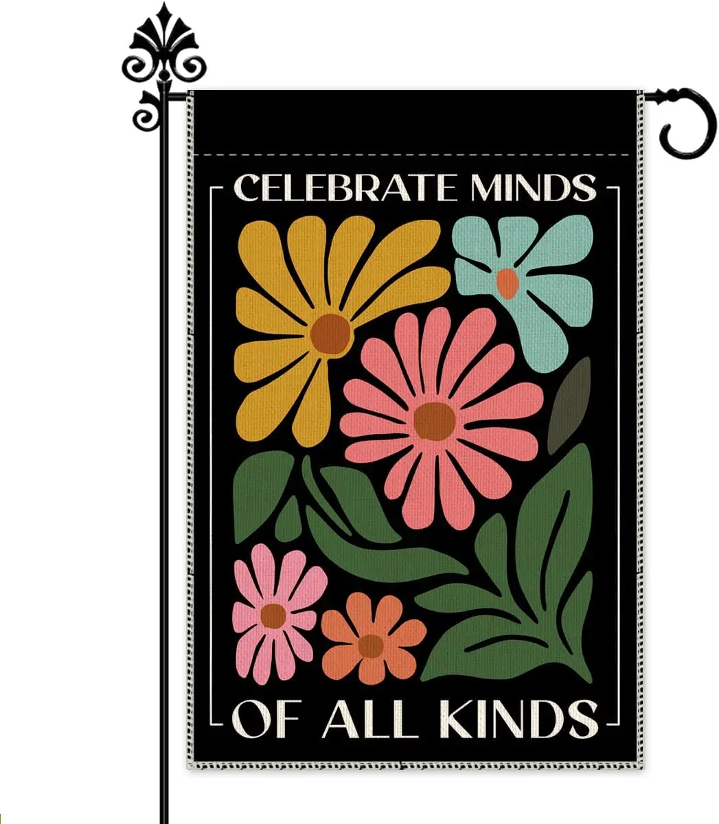 Hafhue Celebrate Minds of All Kinds Garden Flag, 12 x 18 Inch Double Sided Retro Floral Yard Garden Lawn Court Decor Flag, N zzo