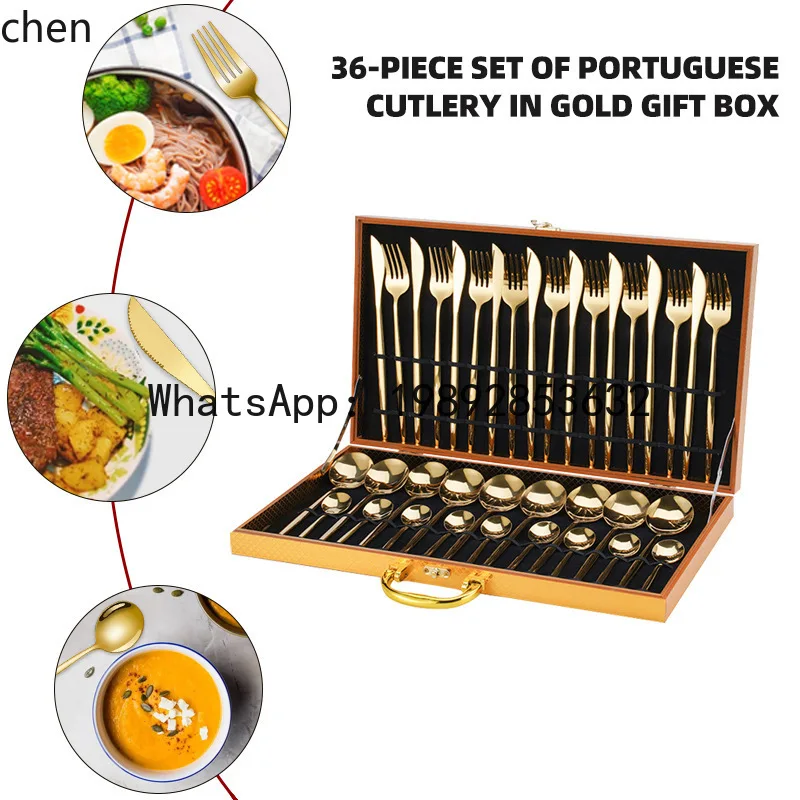 

Набор столовых приборов из нержавеющей стали 4-9, гостиничного класса, португальские ножи, вилки и ложки с золотой деревянной коробкой в подарок.