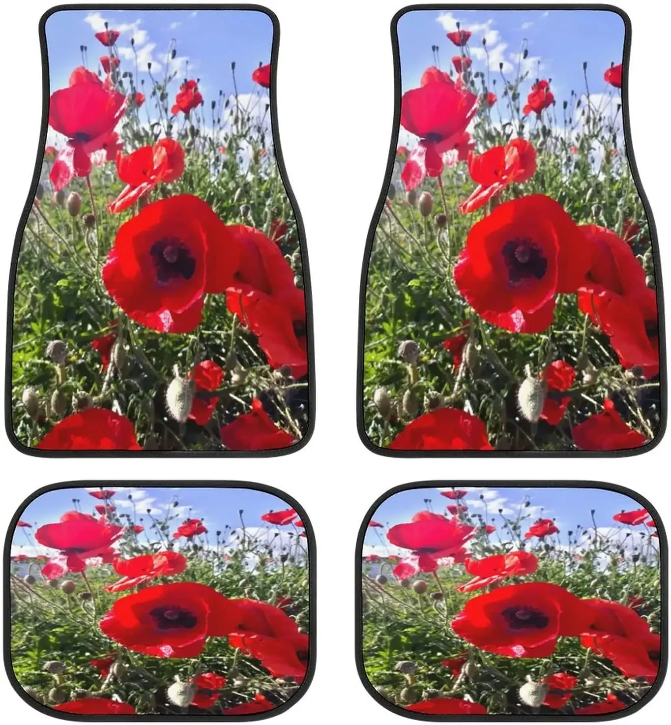 Red Poppy Flower Car Mats Front&Rear 4-Piece Full Set Carpet Car SUV Truck Floor Mats with Non Slip Back