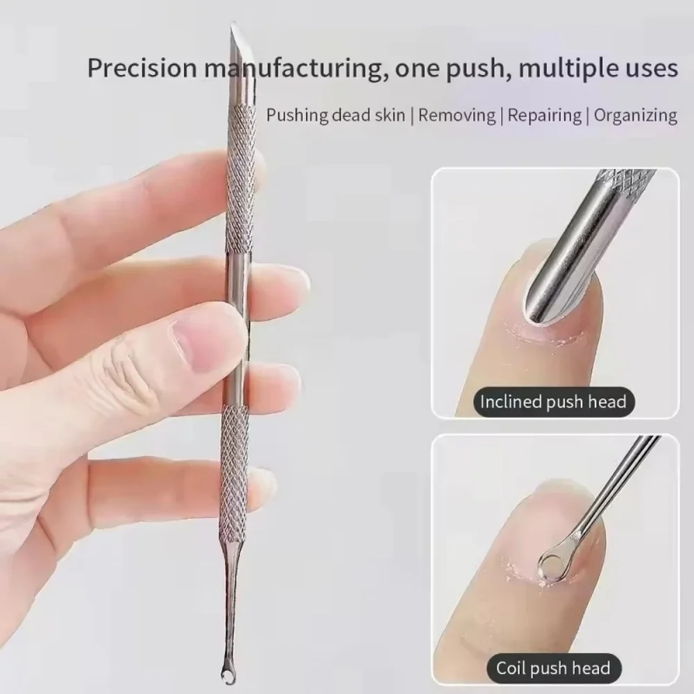 Circle Beveled Head Manicure Sticks Double‑ended Stainless Steel Cuticle Remover Nail Grinding File Professional Nail Art Tools