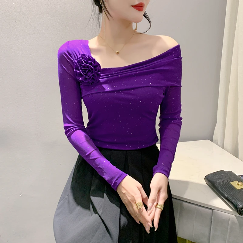 

2023 New Fall Winter European Clothes Mesh T-Shirt Fashion Sexy Off Collar 3D Flower Women Tops Long Sleeve All Match Tees 39120