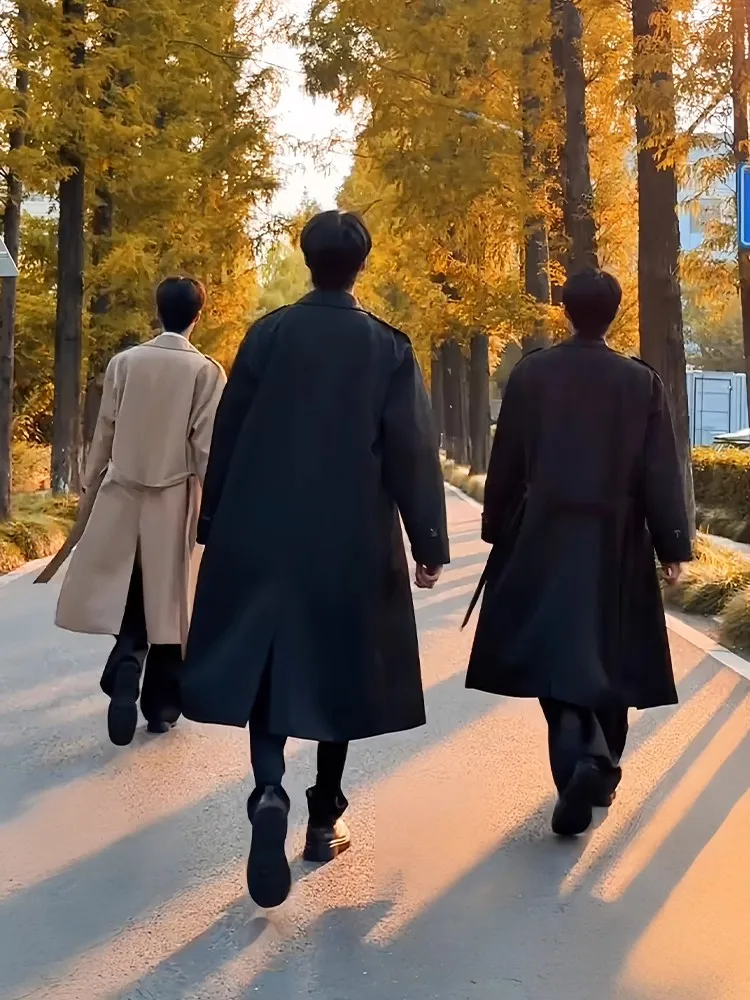 

Korean Sle Hepburn Long Bla Overcoat Men's Autumn High Waist Knee-Length Windbreaker Jaet Cool Sle Stand Fit Polye...