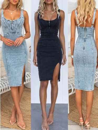 

Women Fashion Skinny U-Shaped Camisole Denim Dress Personalized Street Female Clothing Sexy Solid Slim Fit Sleeveless Dresses