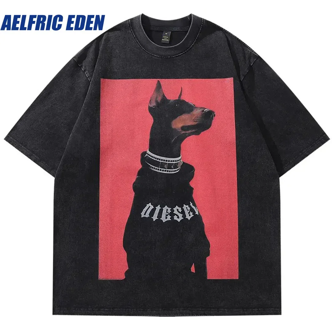 Aelfric Eden Vintage Oversized T-Shirt Doberman Dog Graphic Print Washed Tshirt 2024 Hip Hop Harajuku Punk Gothic Loose Tops Tee