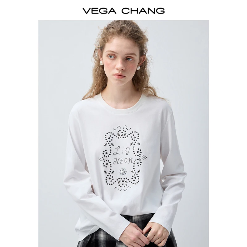 

Футболка женская Vega Chang, весна-осень, новая, свободного кроя, из хлопка, с объемным декором из страз, с длинным рукавом