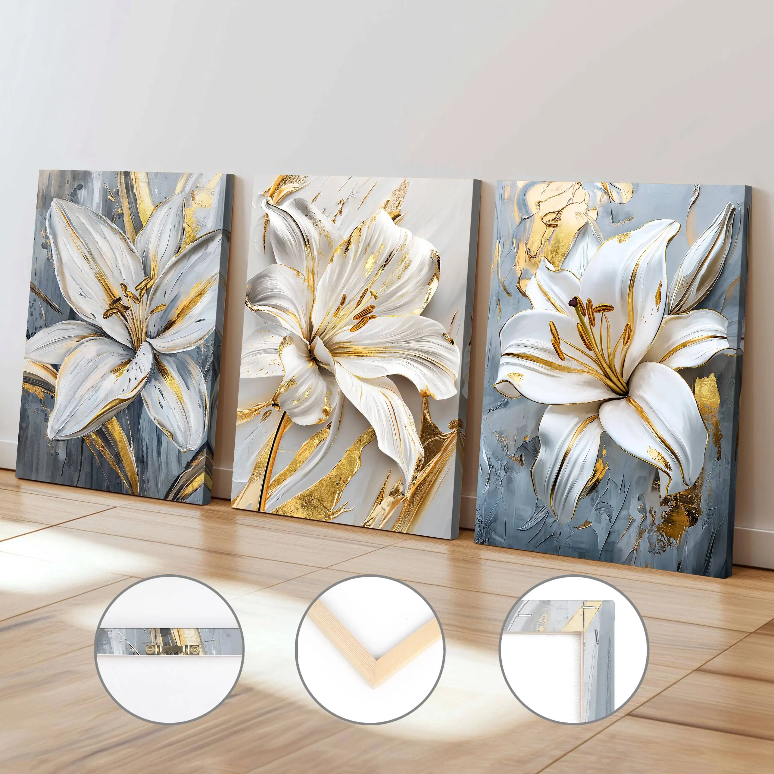 Modern Light Luxury Gold Foil Ginkgo Flower Art Poster White and Gold Flower Oil Painting Wall Decor Framed Canvas Home Decor