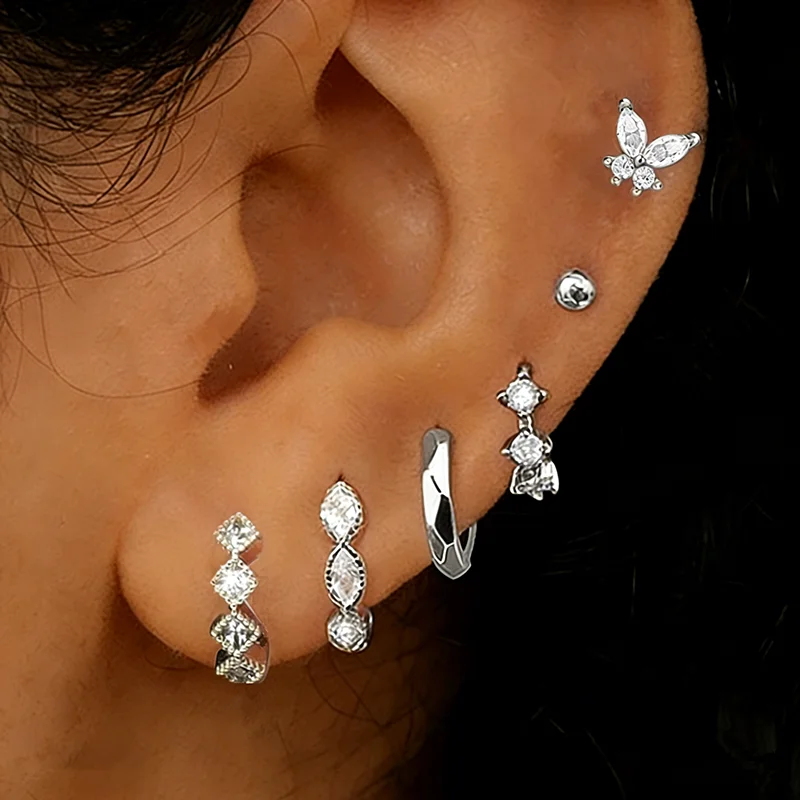 6-teiliges glänzendes Kristall-Huggie-Ohrring-Set für Damen, Tragus-Helix-Schmuck, Schmetterlings-Knorpel-Ohrstecker, Großpackung für Ohrläppchen-Piercings