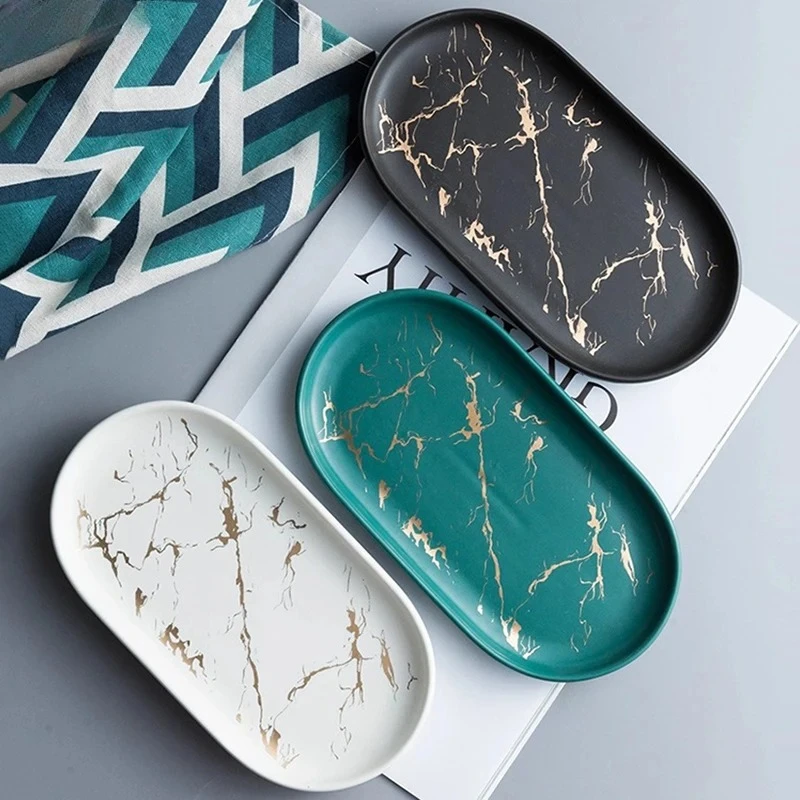 Marble Pattern Ceramic Storage Tray Oval Jewelry Ring Tray Bathroom Mouth Cup Lotion Bottle Storage Trays Bathroom Accessories