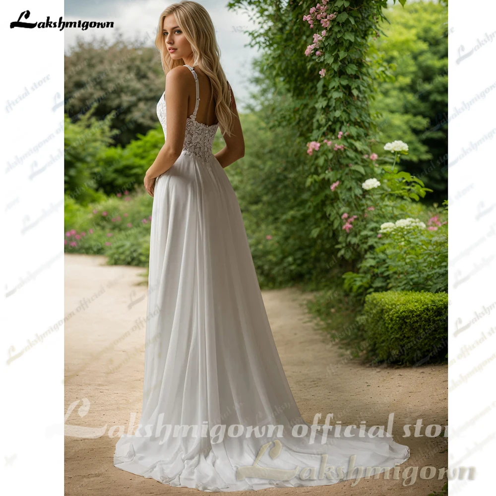 Lakshmigown السباغيتي الأشرطة الدانتيل فساتين الزفاف بوهو شاطئ سبليت الشيفون ساحة الرقبة المرأة ثوب زفاف 2025 مخصص