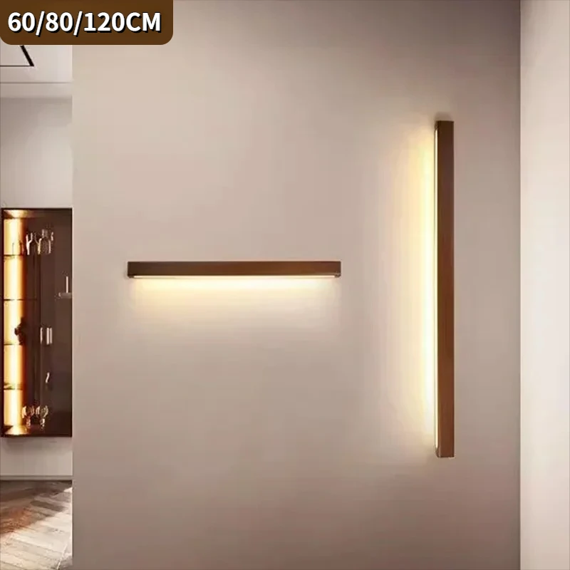 

Nordic Wood Wall Lamp Walnut 60/80/120CM LED Wall Sconces Living Room Bedroom Bedside Hallway Corridor Indoor Decor Home Fixture