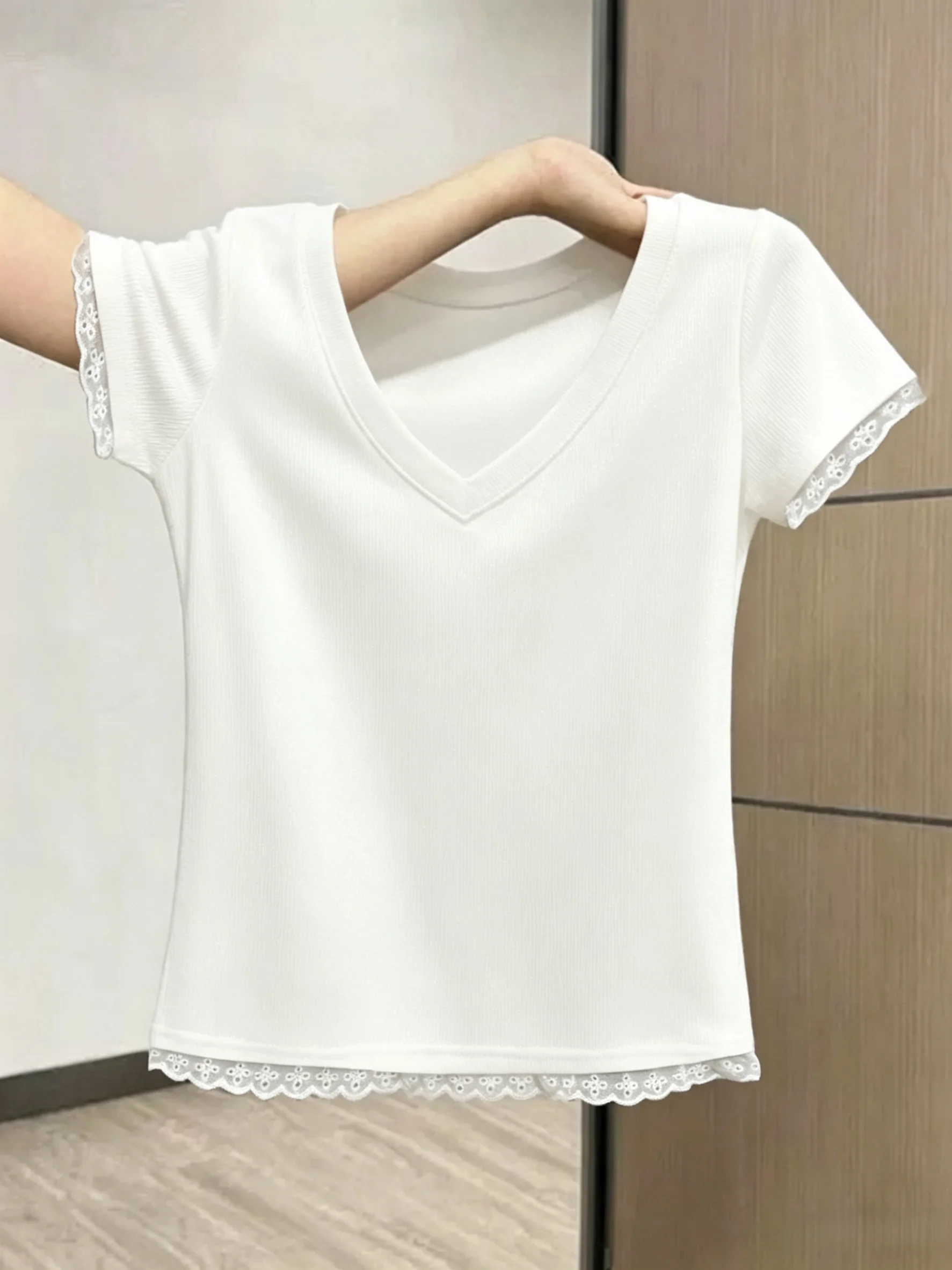 Summer New Women's Short Sleeve T-Shirt 95 Cotton V-Neck Lace Trim plus Size Regular Shoulder Fit Body Casual Top
