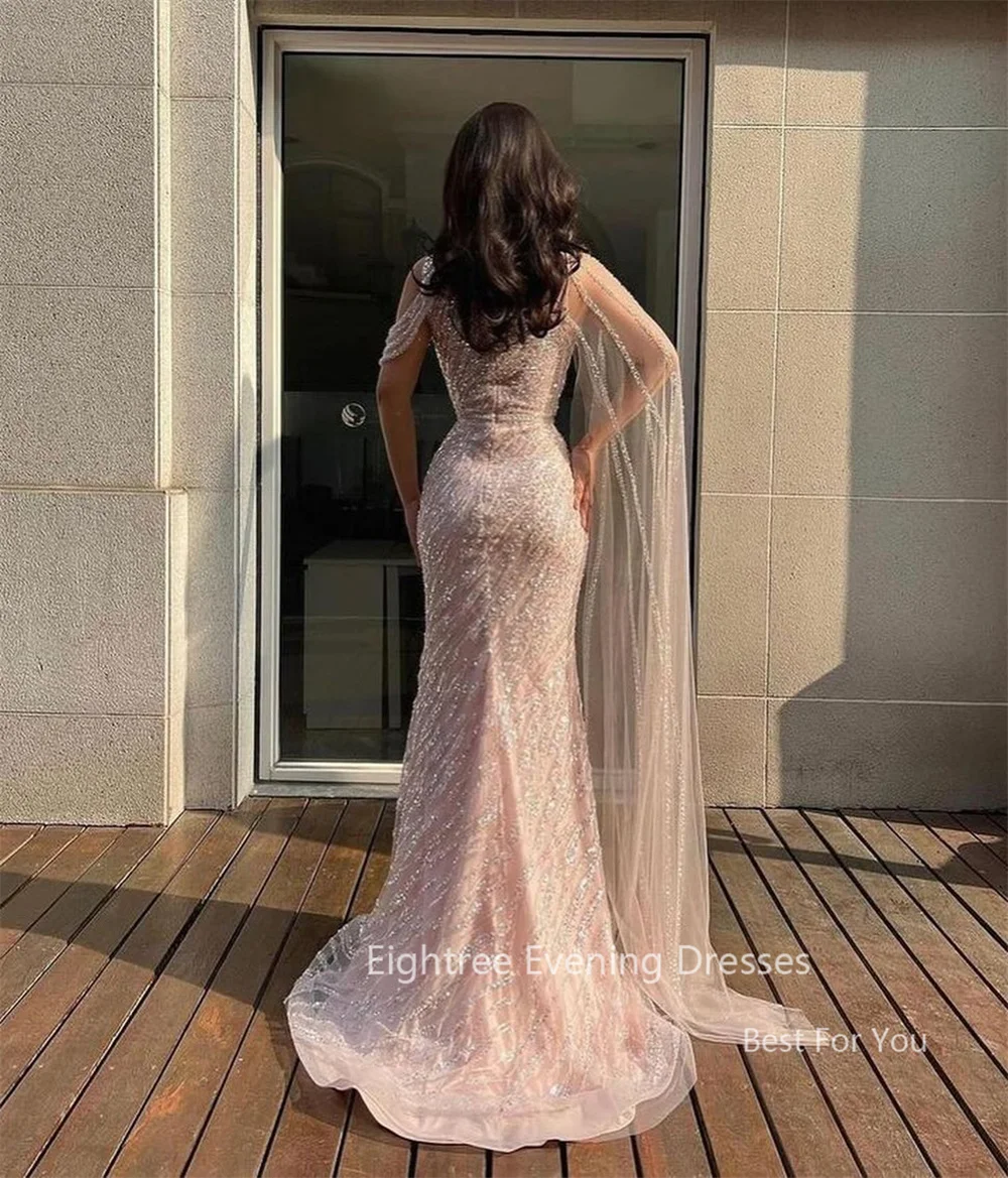 Eightree Sexy Pink Mermaid Evening Dress Shiny Sequined High Slit Party Dress One Shoulder Long Cape Formal Dress Customized