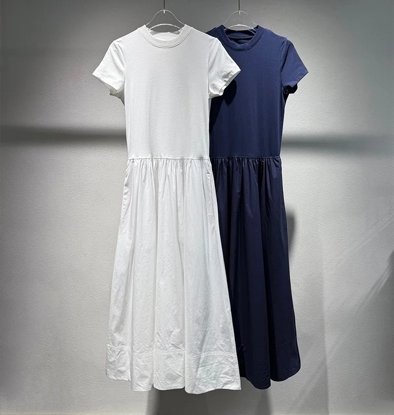คุณภาพสูงใหม่เสื้อยืดยาวชุด 2025 ฤดูร้อน Lady กระเป๋า Patchwork ความยาวกลางลูกวัวสบายๆสีขาวสีน้ําเงินเข้มชุดผ้าฝ้าย