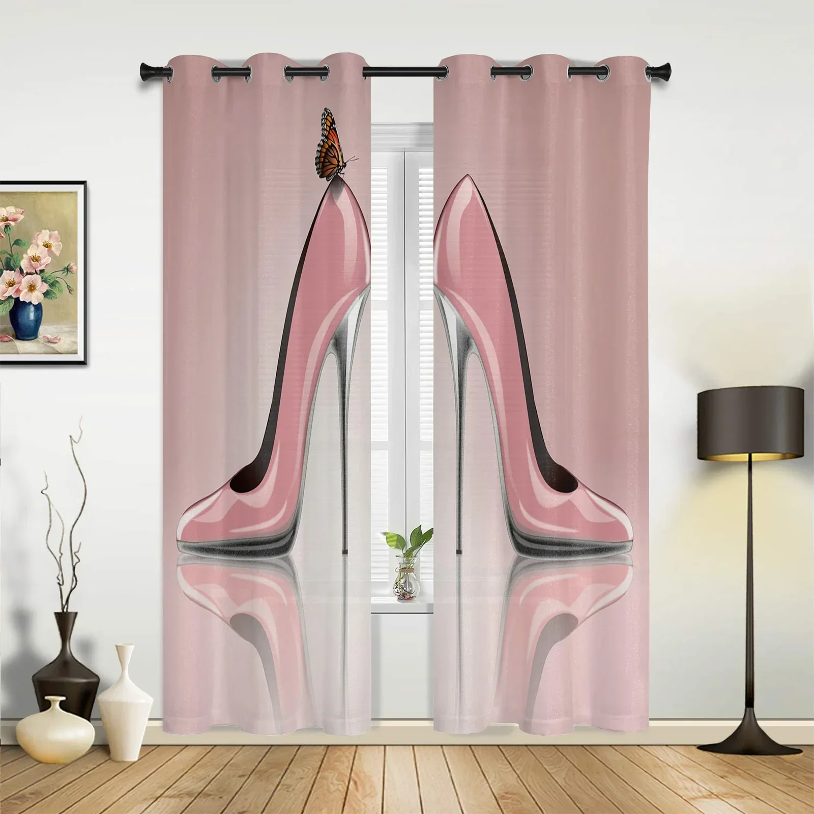 Feminino rosa salto alto borboleta cortinas para o quarto sala de estar cozinha das crianças cortina janela decoração casa